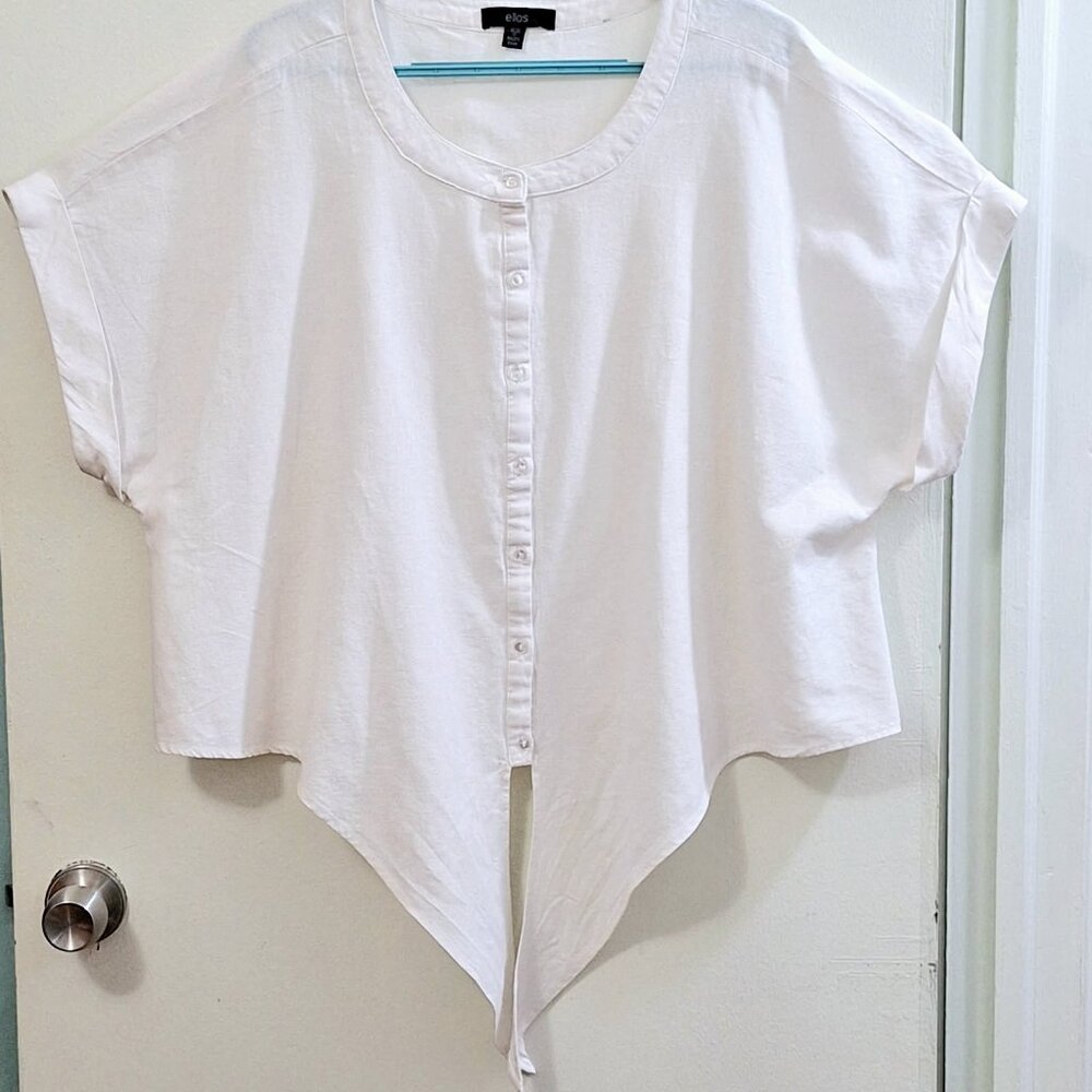 Ellos Linen Tie-Front Short Sleeve Top, Cream Size 1X (22/24)
